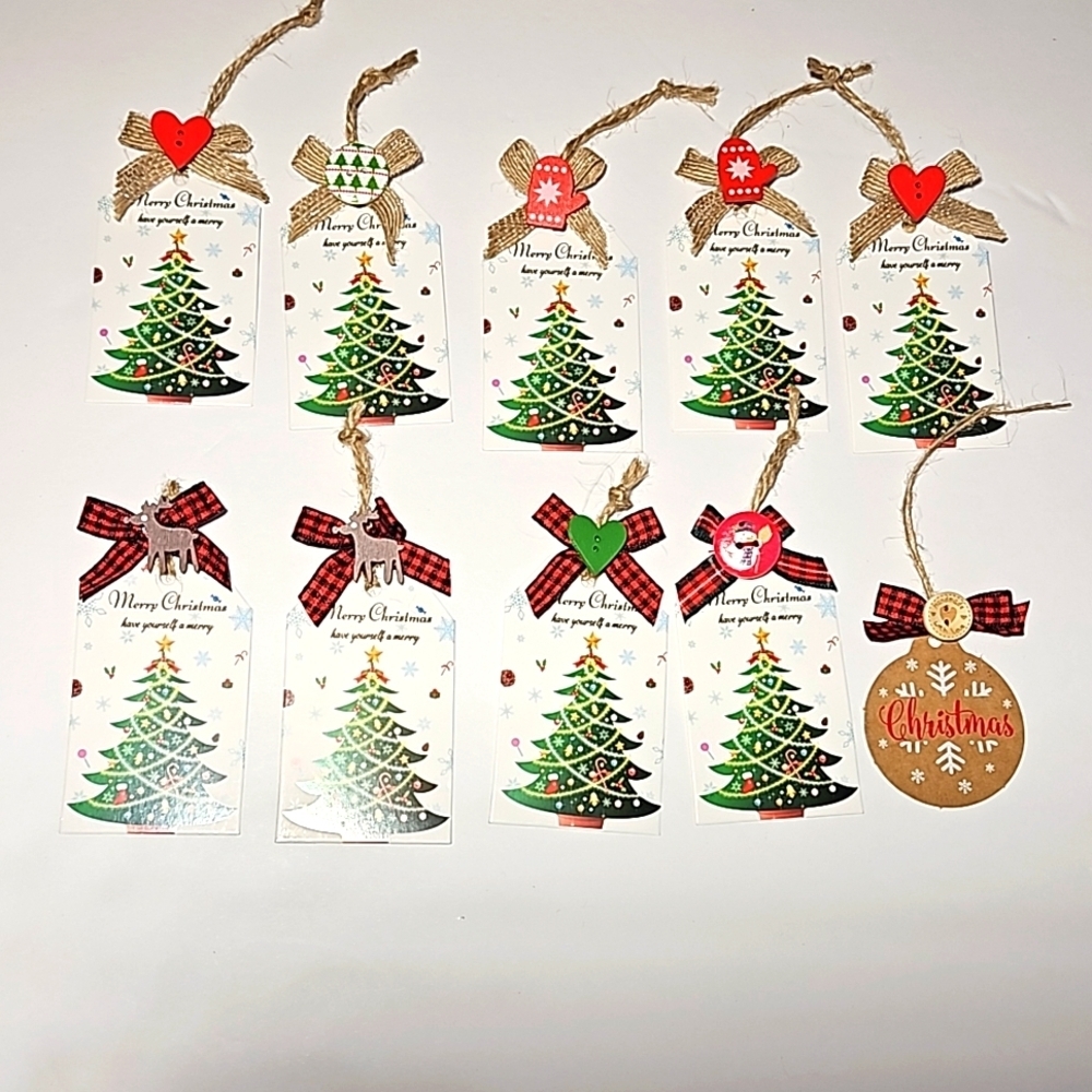 Hand Crafted Handmade Christmas tags Green X-mas Tree Gifts tags Set of 10pcs 3"